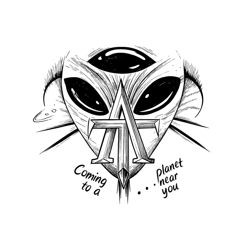 Original three-eye AxtraTerrestrial insignia and Coming to a planet near you lettering