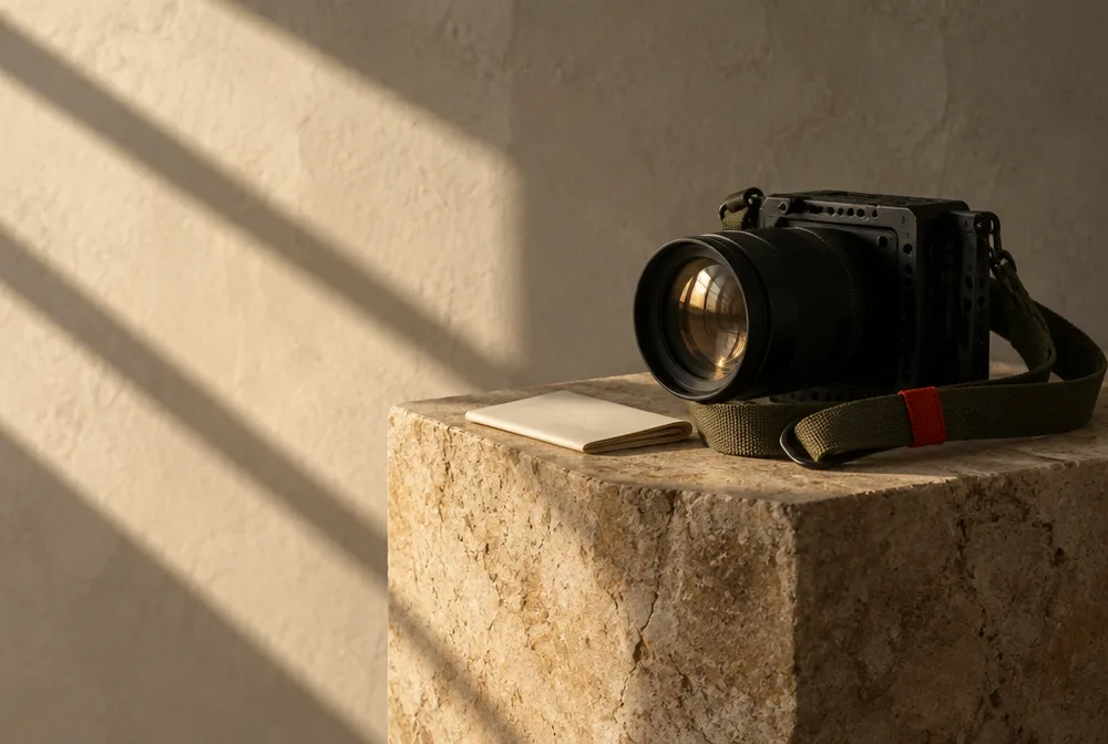 Creative still-life study of a camera in warm studio light